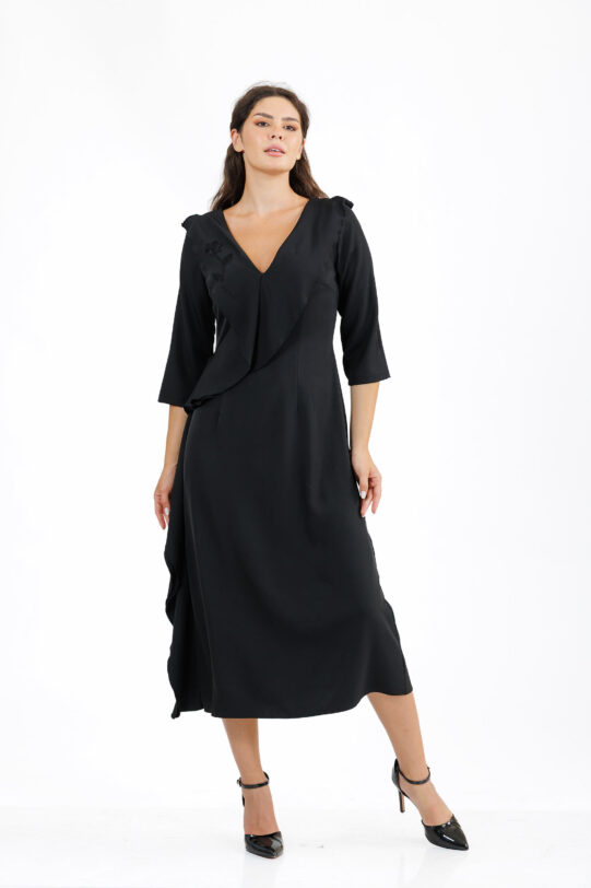 Rochia MATHILDE LENA neagra cu volan si broderie. Materiale naturale, design unicat, cu broderie si aplicatii handmade