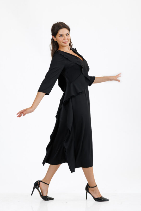 Rochia MATHILDE LENA neagra cu volan si broderie. Materiale naturale, design unicat, cu broderie si aplicatii handmade