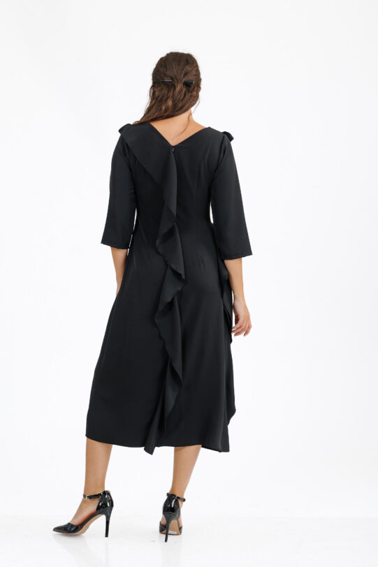 Rochia MATHILDE LENA neagra cu volan si broderie. Materiale naturale, design unicat, cu broderie si aplicatii handmade