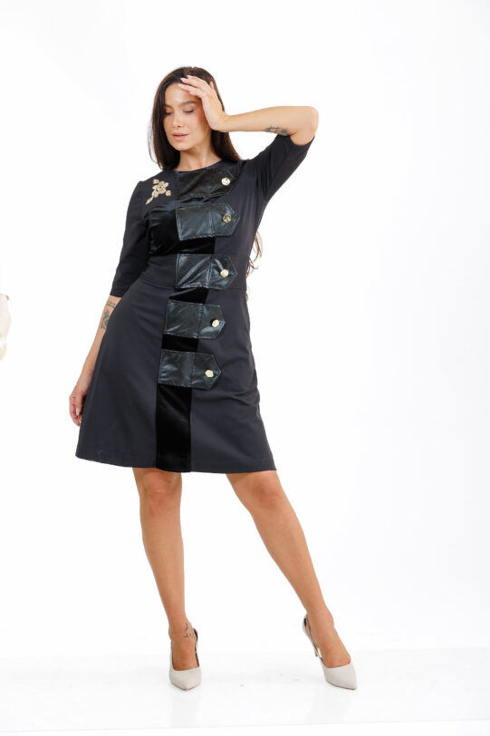 Rochia MATHILDE MAGNO neagra din jerse si catifea. Materiale naturale, design unicat, cu broderie si aplicatii handmade