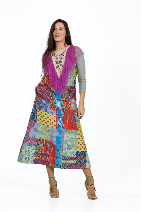 Rochia MATHILDE VICTORIA din brocard multicolor cu volanas. Materiale naturale, design unicat, cu broderie si aplicatii handmade