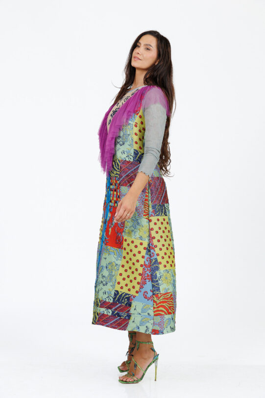 Rochia MATHILDE VICTORIA din brocard multicolor cu volanas. Materiale naturale, design unicat, cu broderie si aplicatii handmade