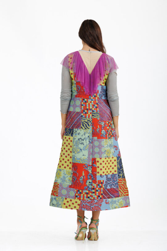 Rochia MATHILDE VICTORIA din brocard multicolor cu volanas. Materiale naturale, design unicat, cu broderie si aplicatii handmade