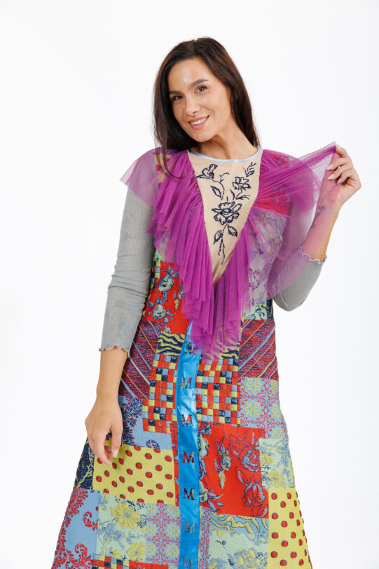 Rochia MATHILDE VICTORIA din brocard multicolor cu volanas. Materiale naturale, design unicat, cu broderie si aplicatii handmade