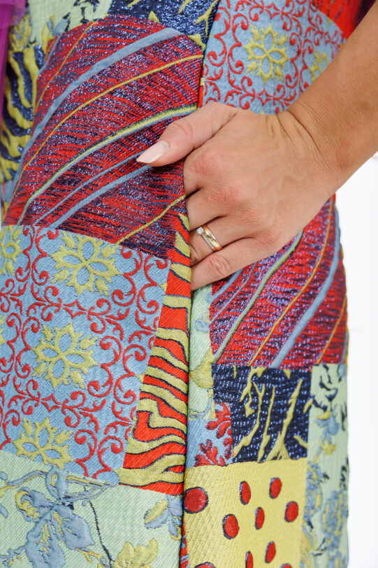 Rochia MATHILDE VICTORIA din brocard multicolor cu volanas. Materiale naturale, design unicat, cu broderie si aplicatii handmade