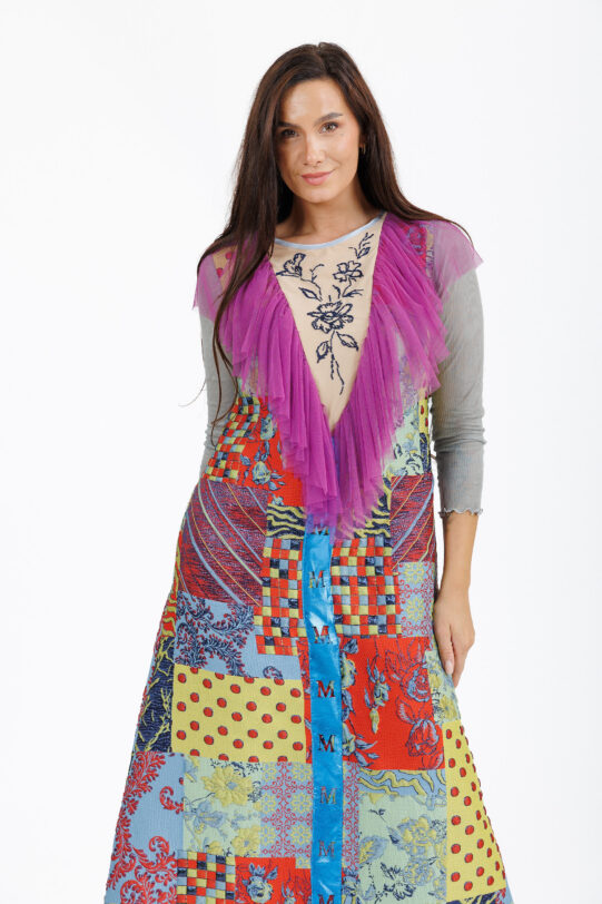 Rochia MATHILDE VICTORIA din brocard multicolor cu volanas. Materiale naturale, design unicat, cu broderie si aplicatii handmade