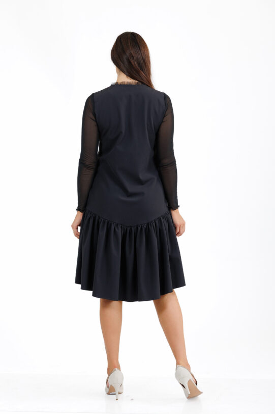 Rochie MATHILDE ELINA26 din jerse negru cu volanas. Materiale naturale, design unicat, cu broderie si aplicatii handmade