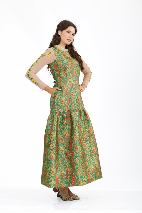 Rochie MATHILDE LAYLA verde din brocard multicolor cu broderie. Materiale naturale, design unicat, cu broderie si aplicatii handmade