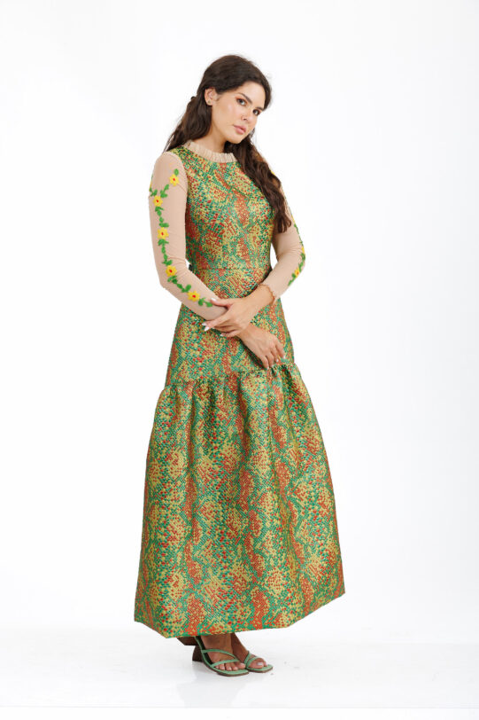 Rochie MATHILDE LAYLA verde din brocard multicolor cu broderie. Materiale naturale, design unicat, cu broderie si aplicatii handmade