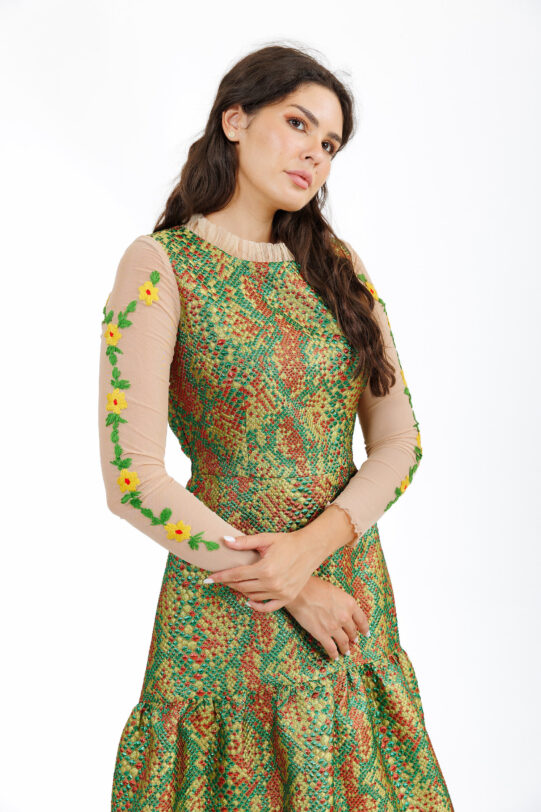 Rochie MATHILDE LAYLA verde din brocard multicolor cu broderie. Materiale naturale, design unicat, cu broderie si aplicatii handmade