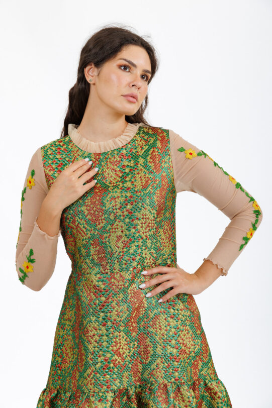 Rochie MATHILDE LAYLA verde din brocard multicolor cu broderie. Materiale naturale, design unicat, cu broderie si aplicatii handmade