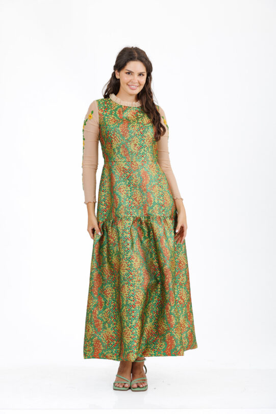 Rochie MATHILDE LAYLA verde din brocard multicolor cu broderie. Materiale naturale, design unicat, cu broderie si aplicatii handmade