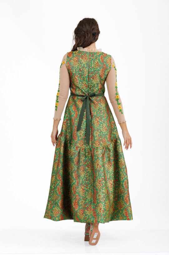 Rochie MATHILDE LAYLA verde din brocard multicolor cu broderie. Materiale naturale, design unicat, cu broderie si aplicatii handmade
