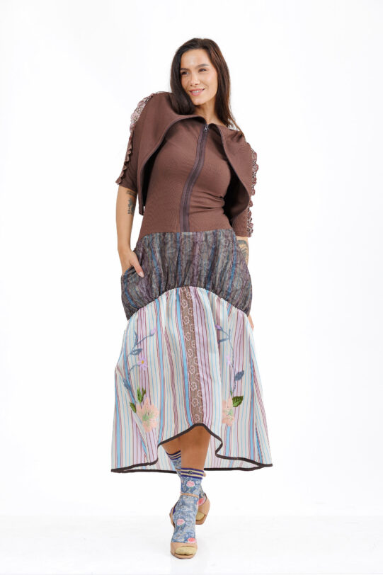 Rochie MATHILDE MARA maro. Materiale naturale, design unicat, cu broderie si aplicatii handmade