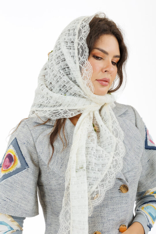 Sal MATHILDE alb DIN TRICOT cu broderie. Materiale naturale, design unicat, cu broderie si aplicatii handmade
