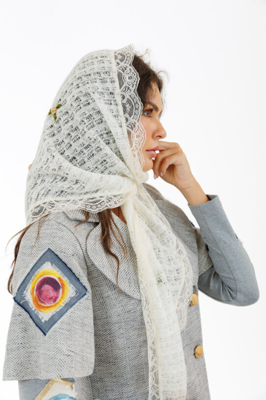 Sal MATHILDE alb DIN TRICOT cu broderie. Materiale naturale, design unicat, cu broderie si aplicatii handmade