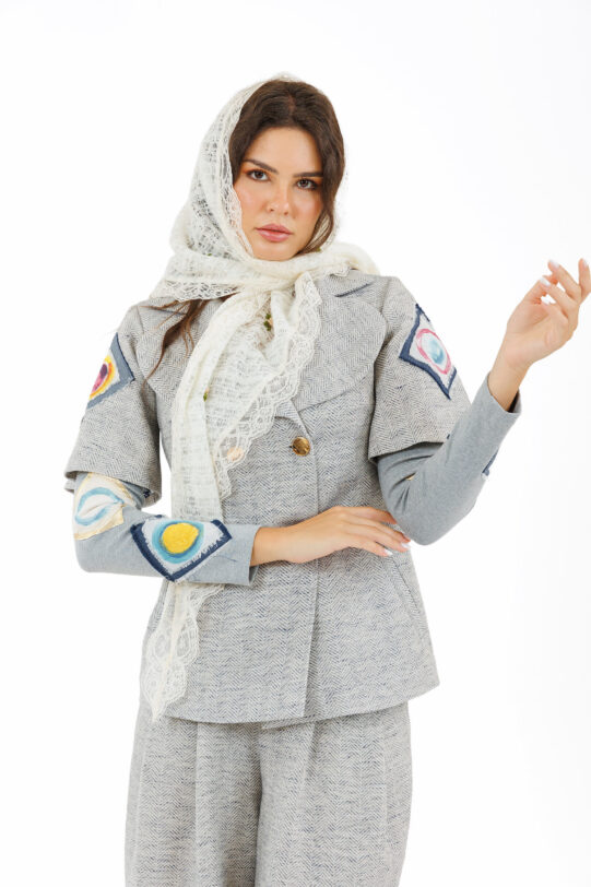 Sal MATHILDE alb DIN TRICOT cu broderie. Materiale naturale, design unicat, cu broderie si aplicatii handmade