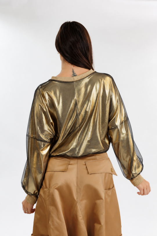 Bluza MATHILDE RISA aurie din jerse cu broderie. Materiale naturale, design unicat, cu broderie si aplicatii handmade
